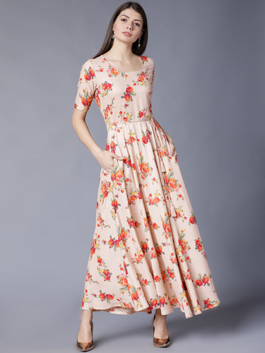 Beige-Rose-Printed-Dress-For-Women