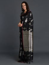 Load image into Gallery viewer, Black-Silk-Blend-Banarasi-Ethnic-Solid-Woven-Saree-with-Matching-Blouse