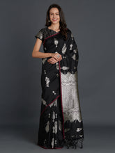 Load image into Gallery viewer, Black-Silk-Blend-Banarasi-Ethnic-Solid-Woven-Saree-with-Matching-Blouse