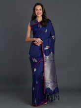 Load image into Gallery viewer, Navy-Blue-Silk-Blend-Solid-Kanjeeva-Saree