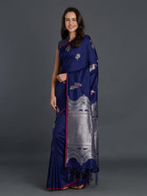 Load image into Gallery viewer, Navy-Blue-Silk-Blend-Solid-Kanjeeva-Saree