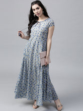 Load image into Gallery viewer, Women-Blue-Printed-White-Flower-Maxi-Dress