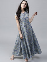 Load image into Gallery viewer, Women-Blue-Printed-White-Flower-Maxi-Dress
