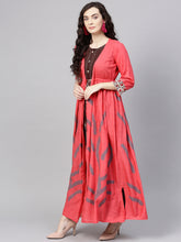 Load image into Gallery viewer, Women-Brown-Coral-Pink-Printed-Maxi-Dress