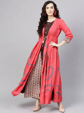 Load image into Gallery viewer, Women-Brown-Coral-Pink-Printed-Maxi-Dress