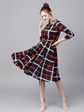 Load image into Gallery viewer, Women-Navy-Blue-Printed-Fit-and-Flare-Dress