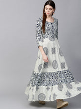 Load image into Gallery viewer, Women White &amp; Navy Blue Printed Anarkali Kurta