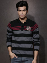 Load image into Gallery viewer, Black grey lined colared mens tee-shirt