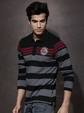 Load image into Gallery viewer, Black grey lined colared mens tee-shirt