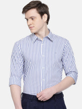 Load image into Gallery viewer, White casual shirt with light blue lines or men.