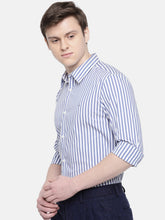 Load image into Gallery viewer, White casual shirt with light blue lines or men.