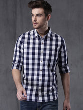 Load image into Gallery viewer, White blue checked casual shirt for men.