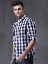 Load image into Gallery viewer, White blue checked casual shirt for men.